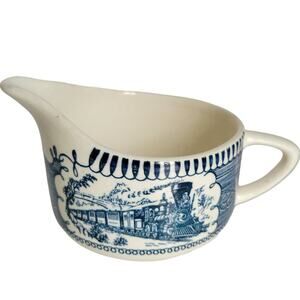 Vintage Royal China Creamer Blue Cream Currier & Ives Express Train Railroad USA